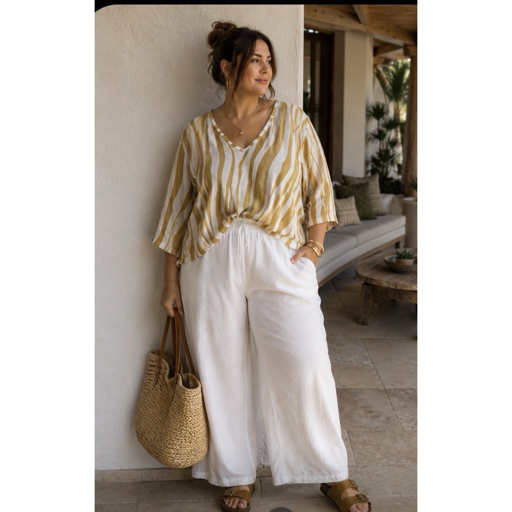 Rachel Zoe Womens Plus Size V-Neck 3/4 Sleeve Blouse 100% Linen Size 3X Yellow